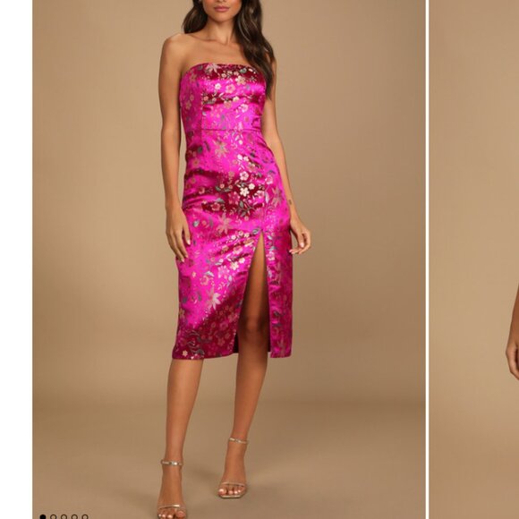 Lulus Dresses & Skirts - Lulus Strapless Midi Dress M 6 Make a Move Pink Magenta Satin Floral Jacquard